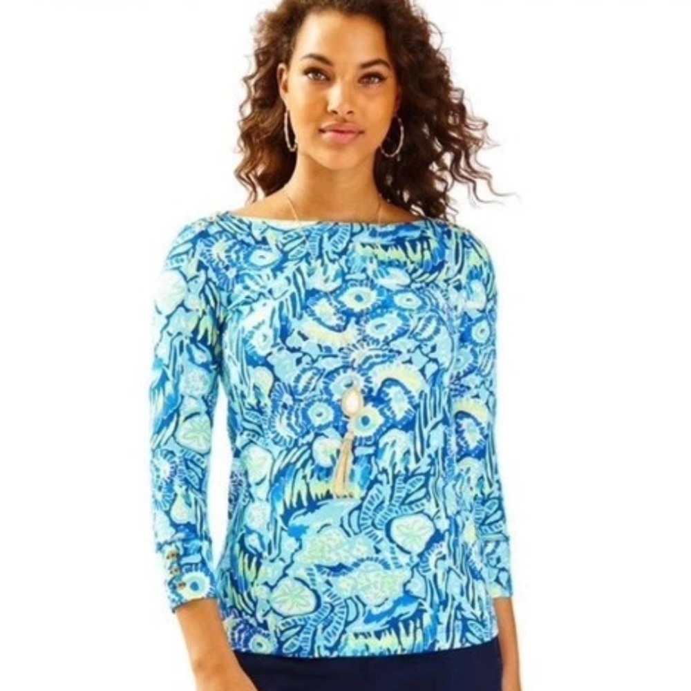 LILLY PULITZER Blue “Alinda” 3/4 sleeve top in Indigo Sunset
